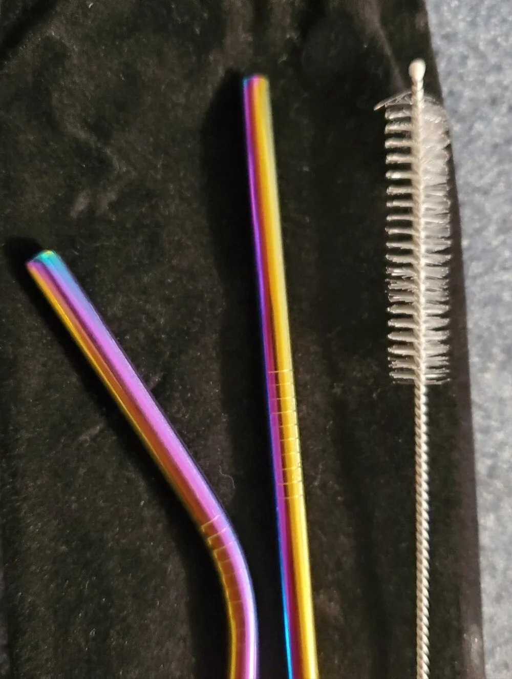 Two‎ Steel Multi Color Straws Cleaning Brush Velvet Carrying Pouch NWOT